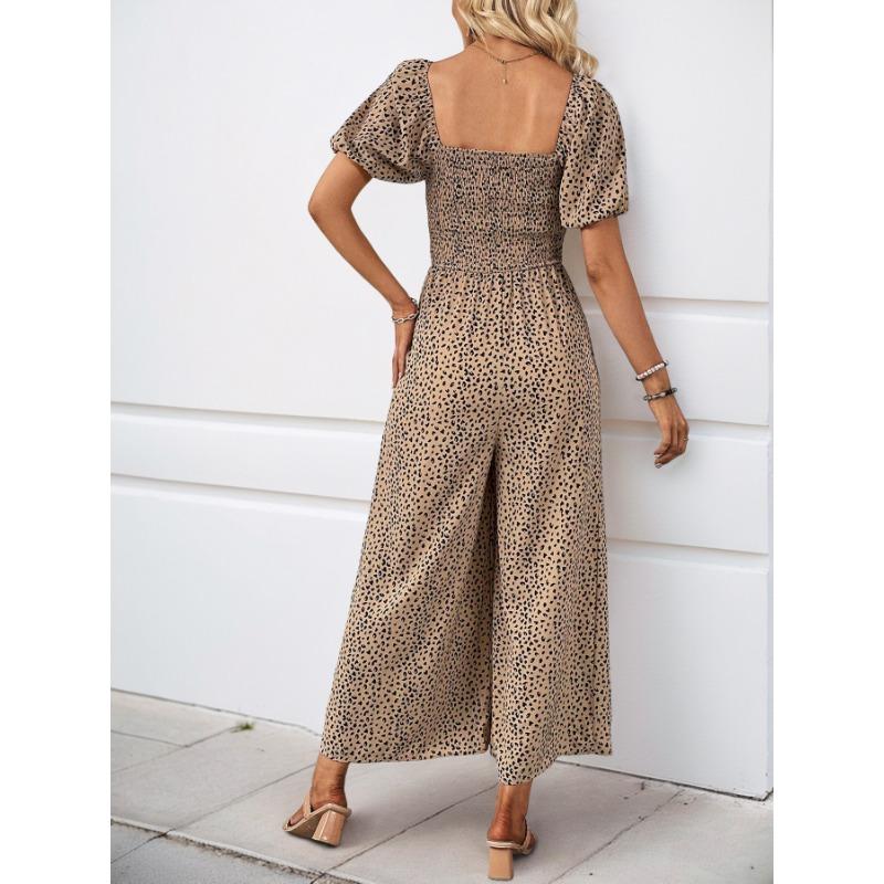 VEZFAA Women's Fashion Casual Summer Spring Short Sleeve Square Collar High Waist Trousers Jumpsuits & Rompers