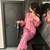 Women's Ice Silk Long Sleeve Feather Cardigan Set for Spring & Autumn - Luxury Homewear In Plus Size
