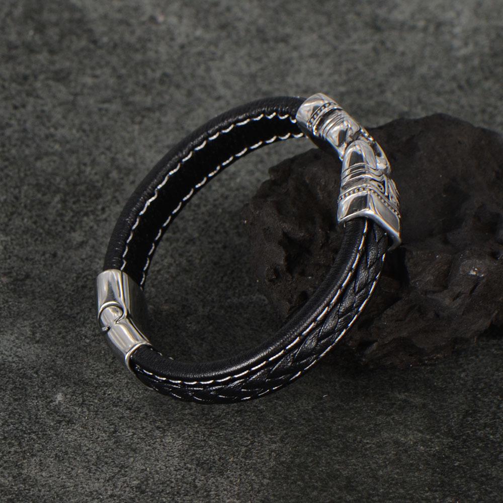 Men's Titanium Steel Black Leather Rope Woven Bracelet Bracelet European and American Simple Style