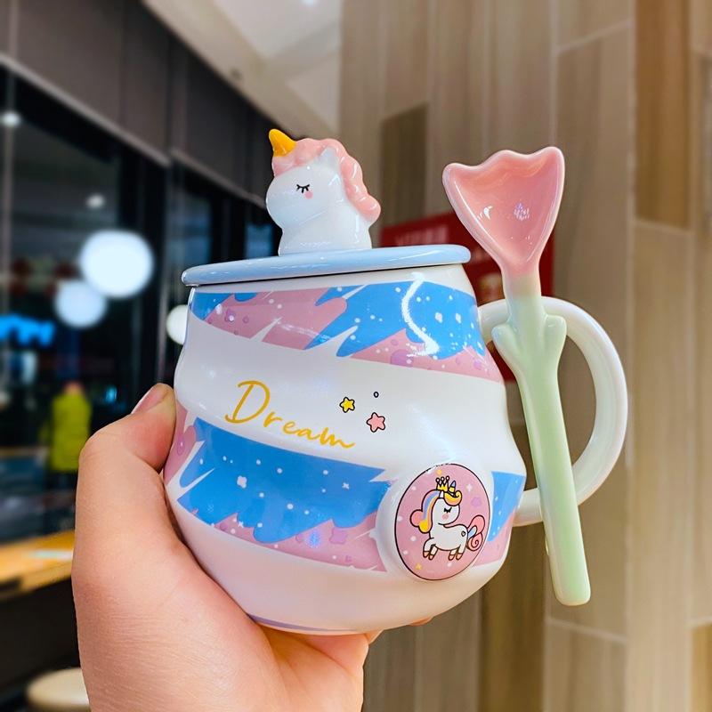 Unicorn Water Cup Rainbow Mug Coffee Cup with Lid Spoon Cute Girl Home Drinking Water Cup Ceramic Cup