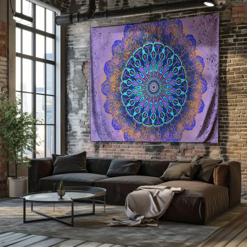 Ethereal Blue  Purple Mandala Tapestry Psychedelic Style Bedroom Wall Hanging Full of Artistic Atmosphere