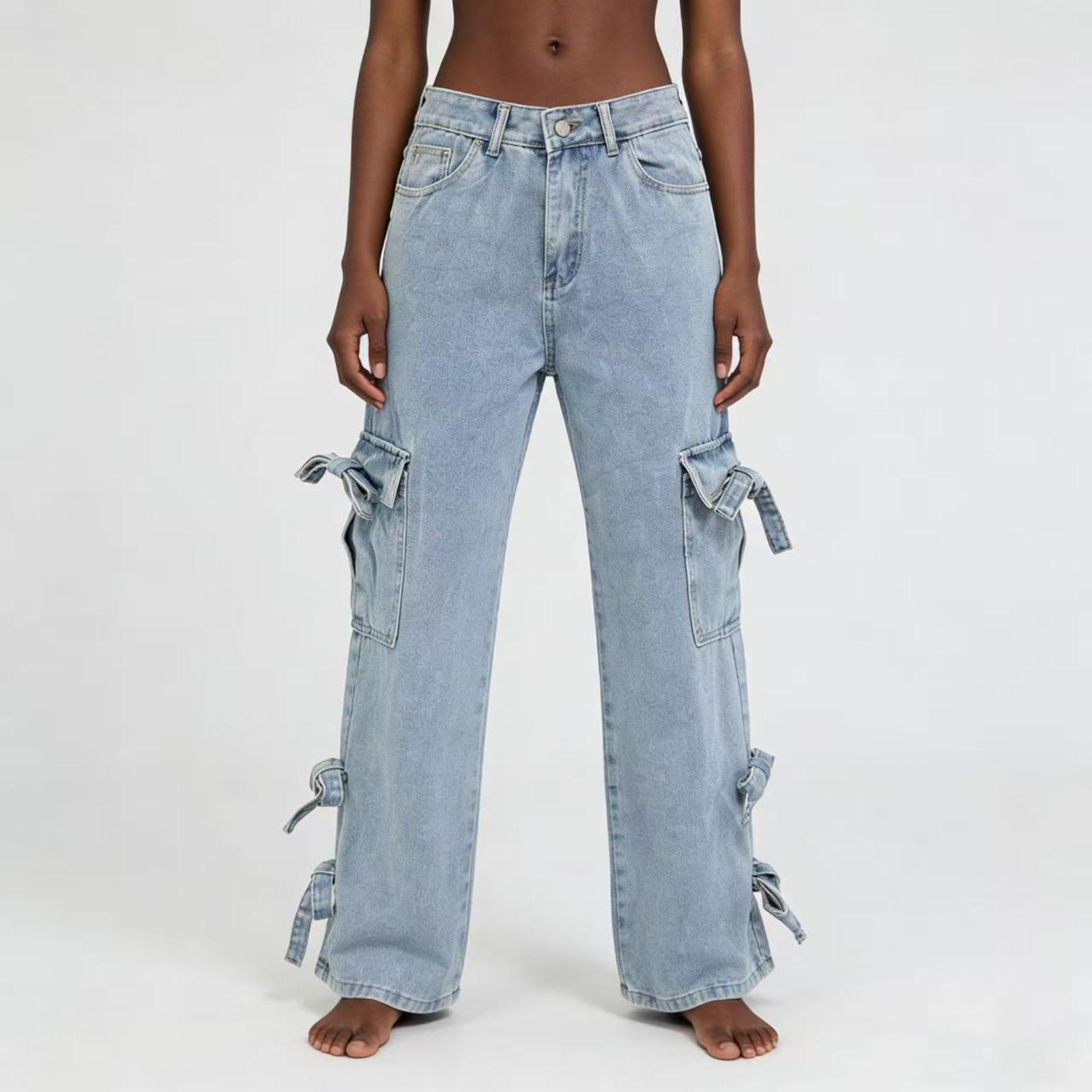 Women s Mid- Stretch Jeans Fashion Straight Leg Denim Pants With Pockets L