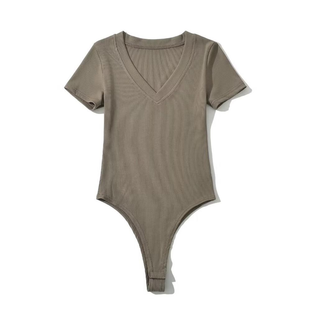 Trendy Women's V-Neck Short-Sleeve Open Crotch Bodysuit Jumpsuit