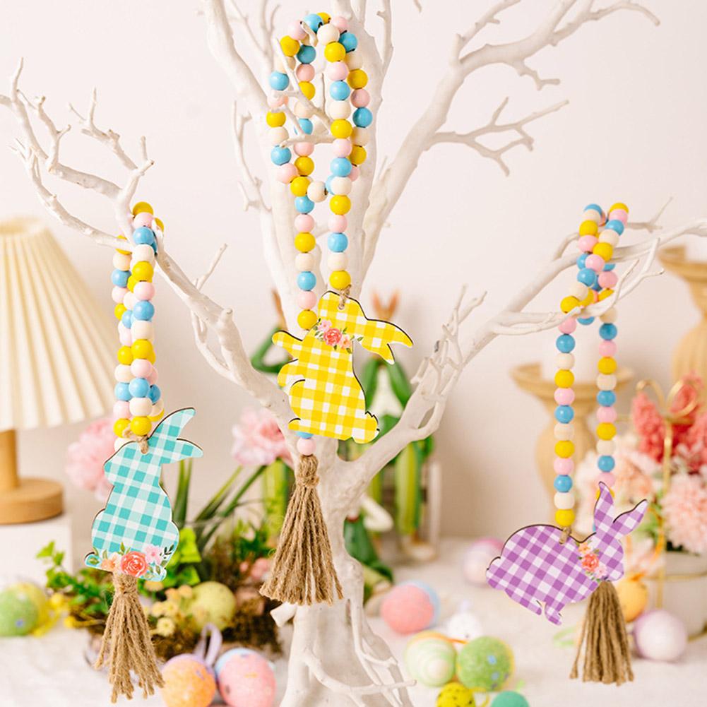 Easter Colorful Wooden Beads Hanging Garland With Plaid Print Rabbit Pendant For Easter Holiday Party