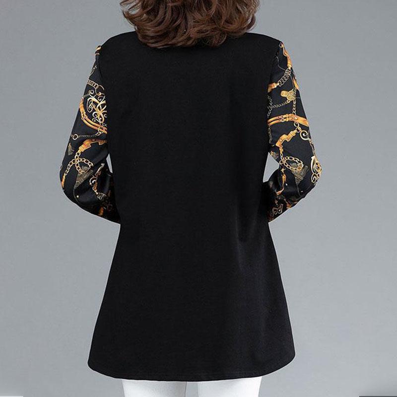 Fashion Turn-down Collar Printed Vintage T-shirt Midi Women's Clothing Autumn Long Sleeve Casual Diamonds Spliced Pullovers Tops