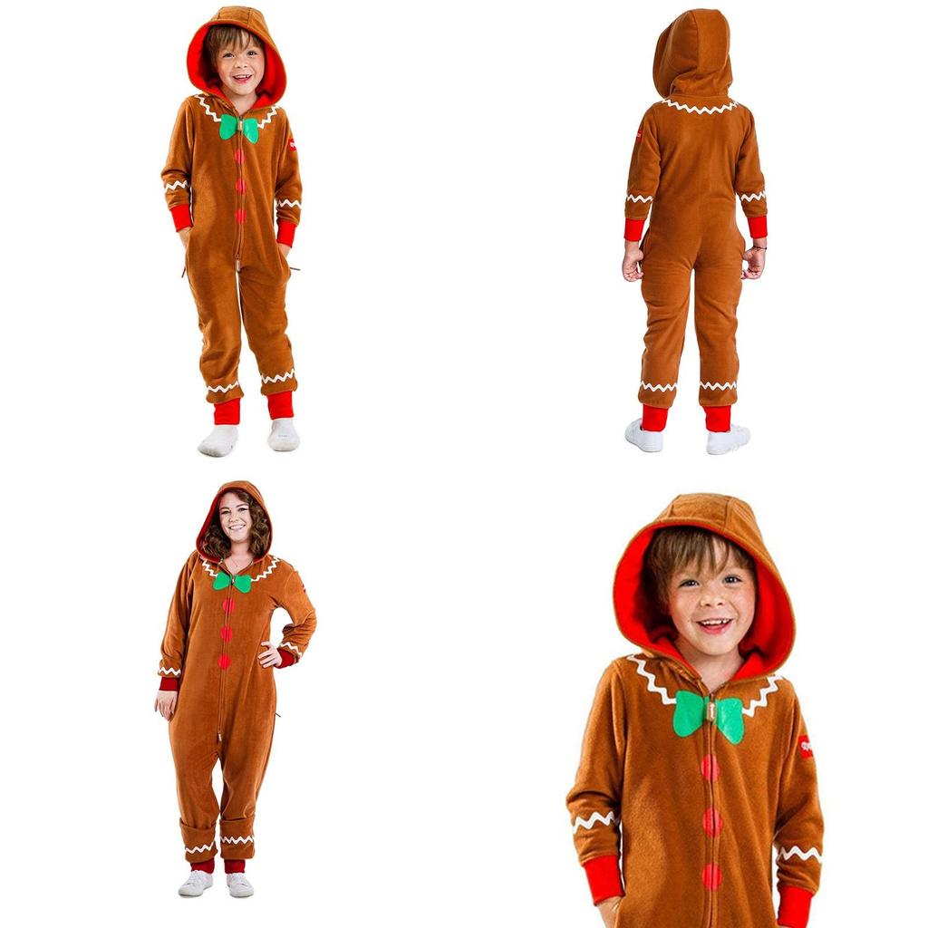Christmas Gingerbread Man Cosplay Costume Kids Adult Hooded Jumpsuits