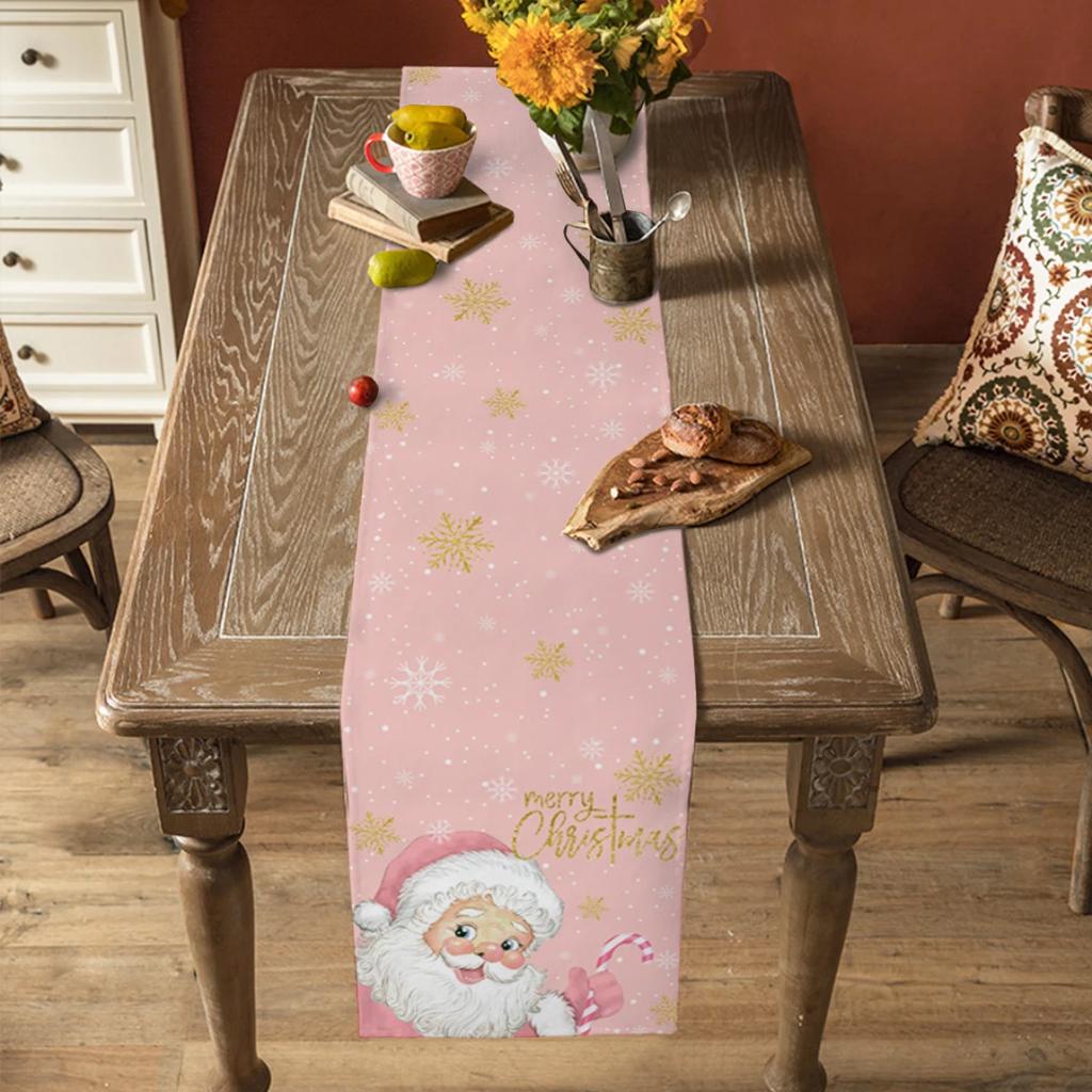 Christmas Santa Claus Snowflakes Pink Linen Table Runners Dresser Scarves Table Decor Xmas Dining Table Runners Navidad Decor