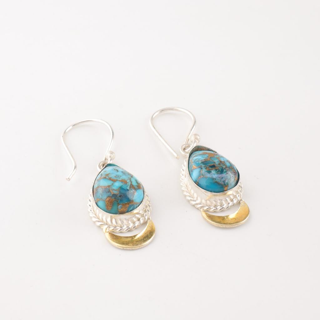 Blue Copper Turquoise Gemstone 925 Stamped Silver Handmade Jewelry Hook Earrings EE-162-42
