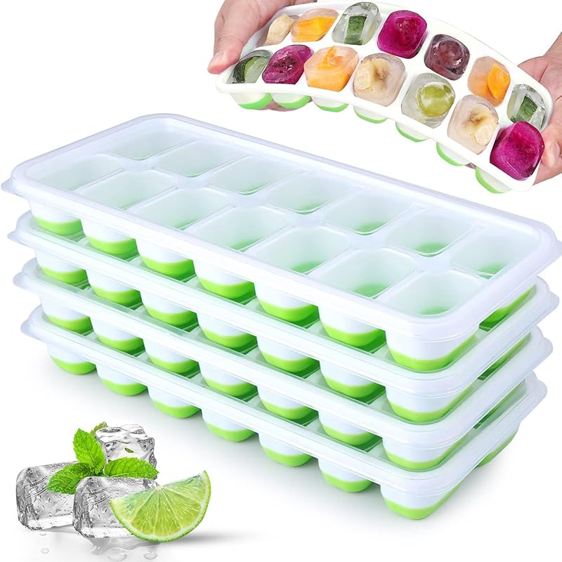 

Ice Cube Tray 4 Pack, Easy-Release & Flexible 56 pcs Silicone Ice Cube Trays with Spill-Resistant Removable Lid, Stackable Ice Trays with Covers for зелений