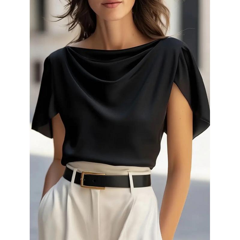 Womens Solid Color Cowl Neck Dolman Sleeve Satin Blouse