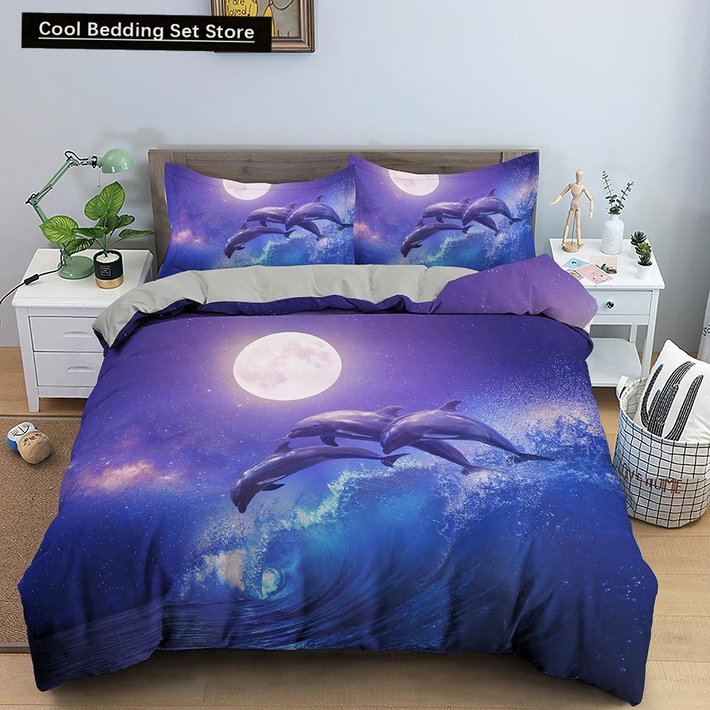 

Пододеяльник с изображением дельфина океана размера King Queen, милый дельфин, прыгающий в синем море, комплект постельного белья для детей, 3D-покрывало с изображением животных и заката EU single(135x200cm)