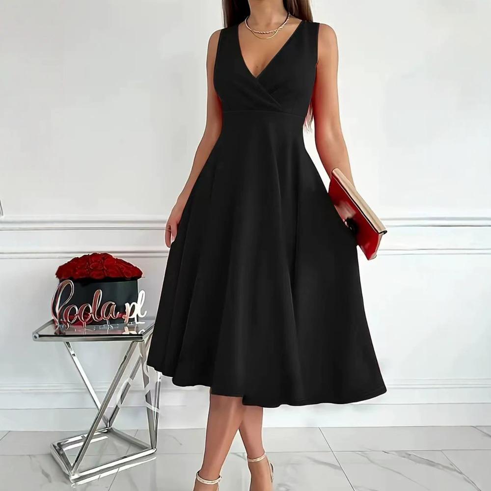 Women's Sleeveless V Neck Midi Dress High Waist A Line Solid Color Evening Party Swing Dress