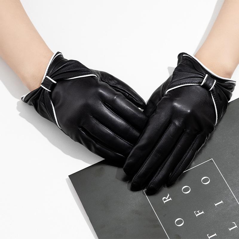 Zimowe damskie rękawiczki ze skóry owczej z ekranem dotykowym i podszewką polarową, ciepłe, z prawdziwej skóry, z kokardką, rękawiczki do odzieży damskiej