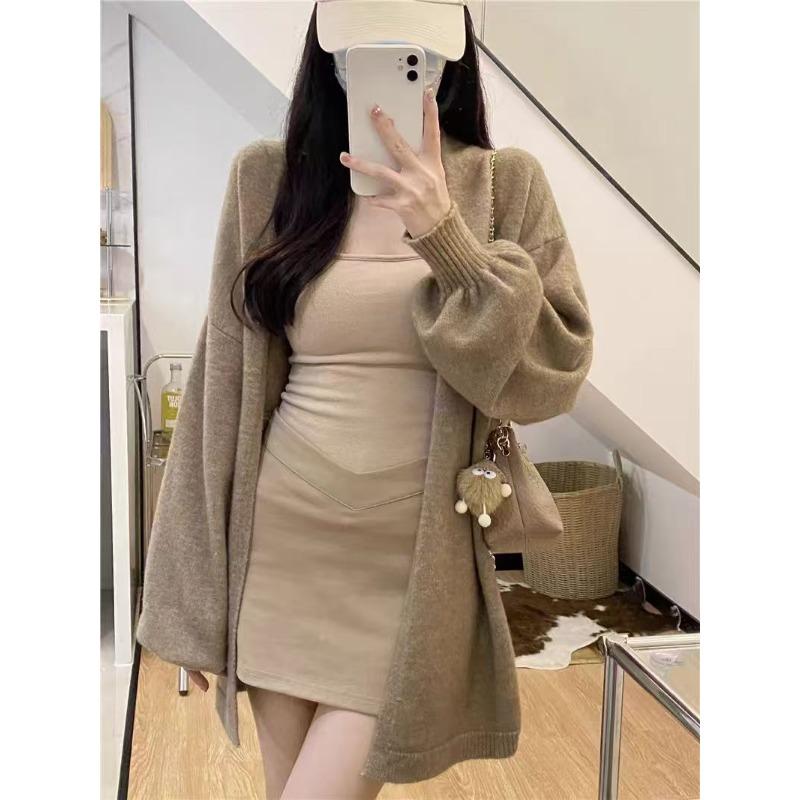

Autumn and winter new lazy style buckle-free medium and long knitted cardigan sweater women s versatile loose and thin sweater women One Size