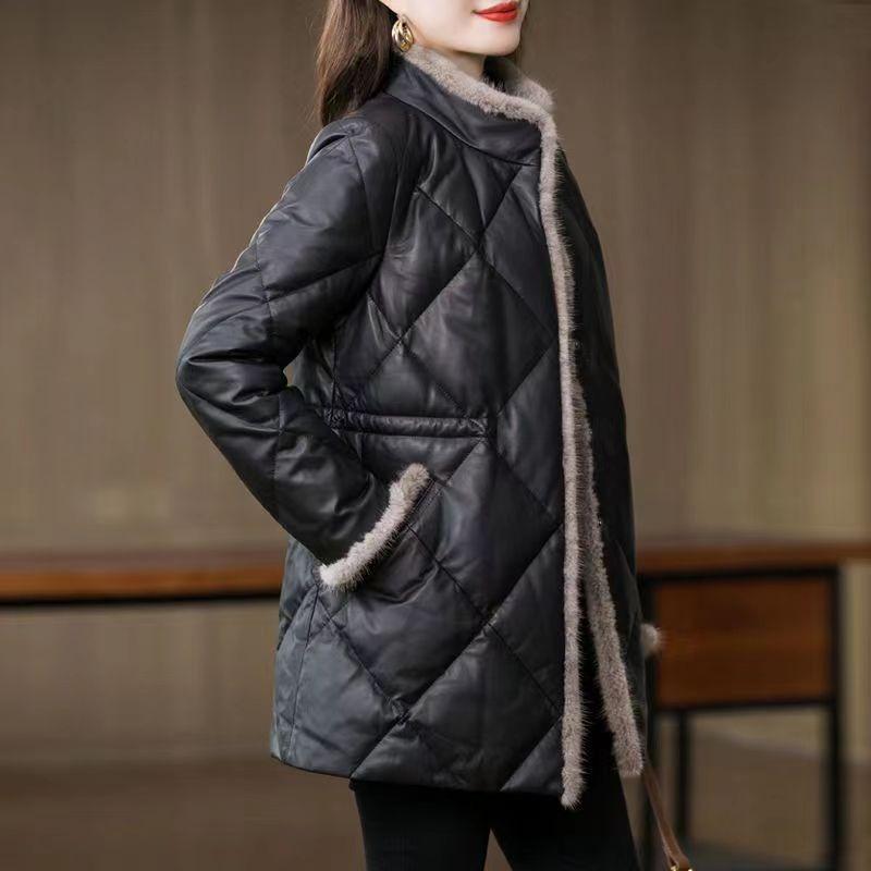Women Winter Medium Long Stitching Leather Coat Stand-up Imitation Mink Fur Collar Cotton-Padded Jacket Temperament Warm Overcoat