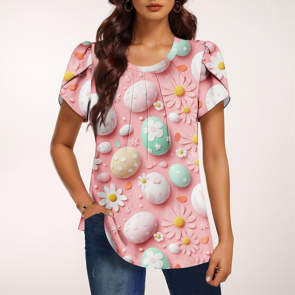 Women's Fashionable Round Neck Short Sleeve Printed Casual Basic Pleated Pullover T-shirt Top