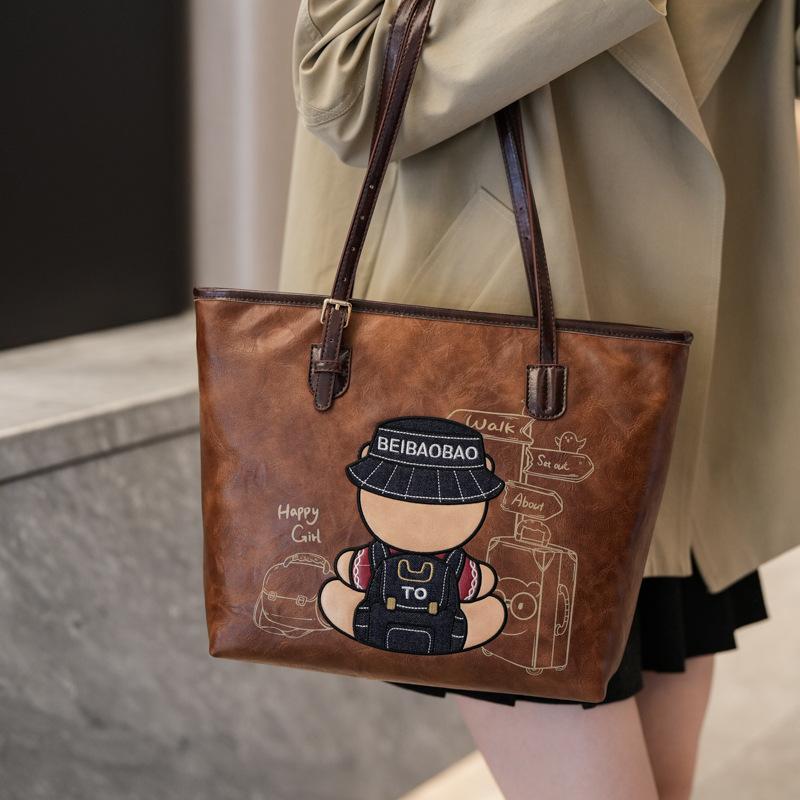 

Bags Four Seasons Large Capacity Commuter New Shoulder Bag Retro Cartoon Going Out Casual Tote Bag 40cm*31cm*29cm коричневий