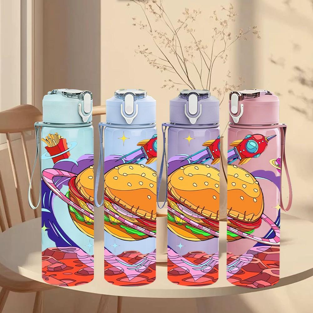 1PC Colorful Outer Space Planet 750ml Color Plastic Sports Water Bottle Leakproof Flip Straw Lid Suitable for Sports Office Home Use