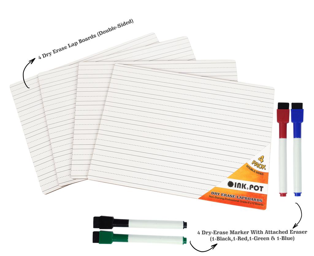 Inkdotpot Dry Erase Board For Kids 9 X 12 Double Sided Lined Blank Dry Erase Lapboard W 4 Markers For Home School (4 Piece