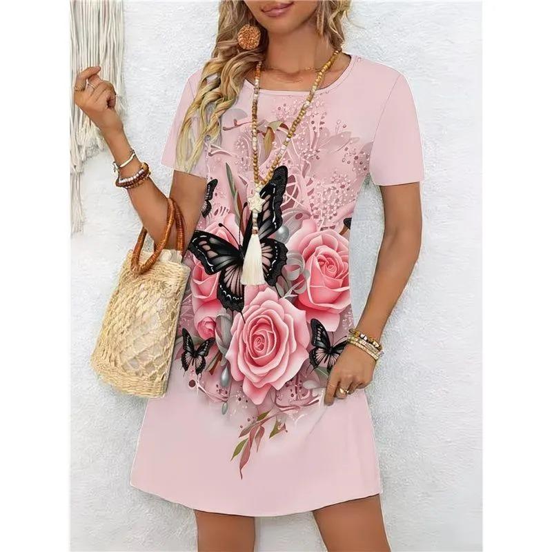 Summer Ladies 3D Printed Short Sleeve Dress Fashion Versatile Trend Breathable Casual