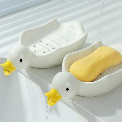 Ceramic Soap Dish Self Draining Duck Shape Soap Rack Cute Kitchen