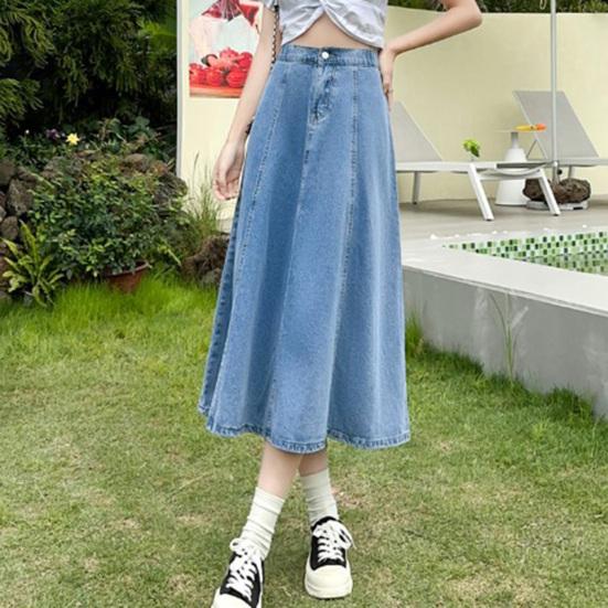 Denim Midi Skirt High Waist Button Zipper Fly A-Line Hem Skirt Solid Color Blue Skirt Office Lady Denim Skirt Daily Wear