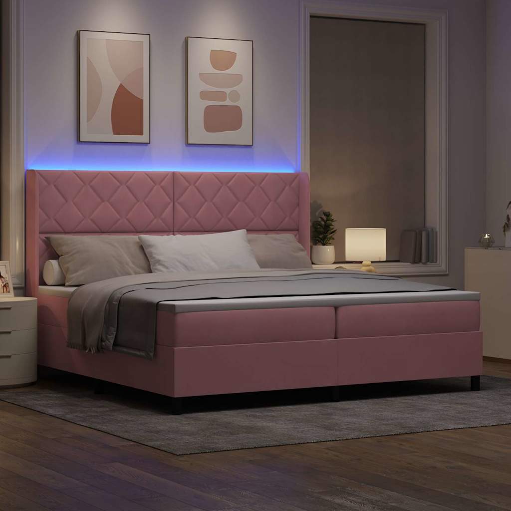 Boxspring Bed with LED Light Strips Pink 200 X 200 Cm Velvet