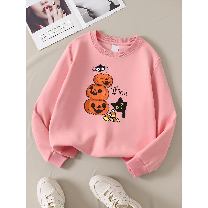 Girls' Halloween Long-Sleeve Sweatshirt, Round-Neck Fun Print Casual Top, Kids' Autumn Clothing, Suitable for Trick-Or-Treat Parties And Halloween