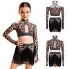 Leopardí Crop Top s Hranatým Výstřihem a Dlouhými Rukávy s Otvory na Palce, Pas s Kamínky, Třásně, Sukně, Kostým na Latinskoamerické Tance