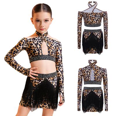 Luipaard Crop Top Halter Lange Mouwen Duimgaten Strass Tailleband Kwastjes Rok Latijns Dans Outfit