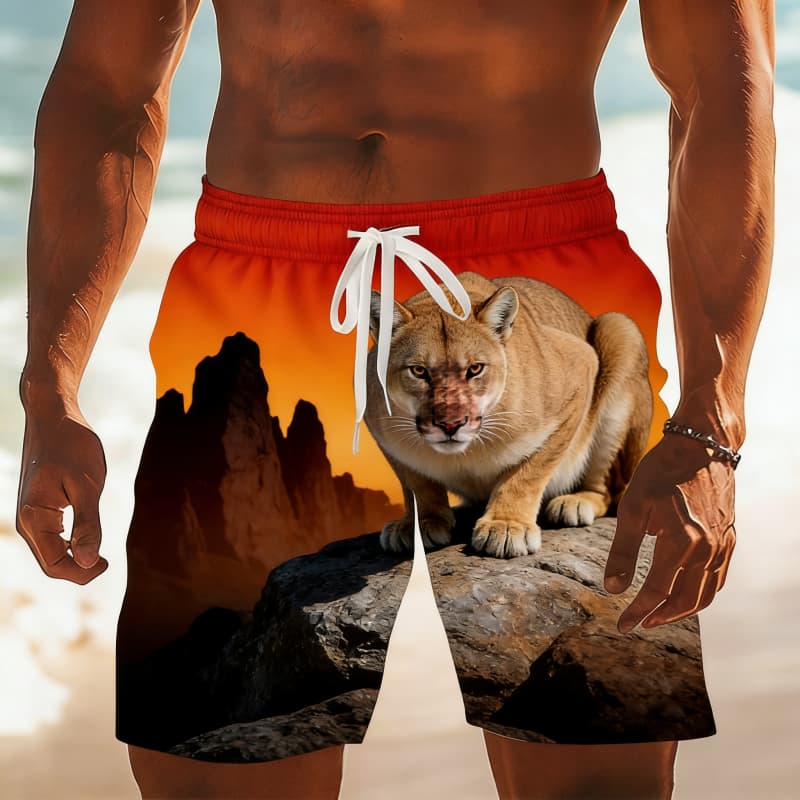 Men's Classic Retro Wild Animal Print Casual Shorts - Eagle Cougar Polar Bear Tiger Rhino Print Beach Shorts For Summer Vacation