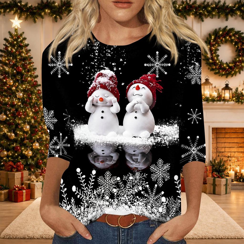 Women's Casual 3/4 Sleeve Neck Christmas Print Top with Festive Holiday Design