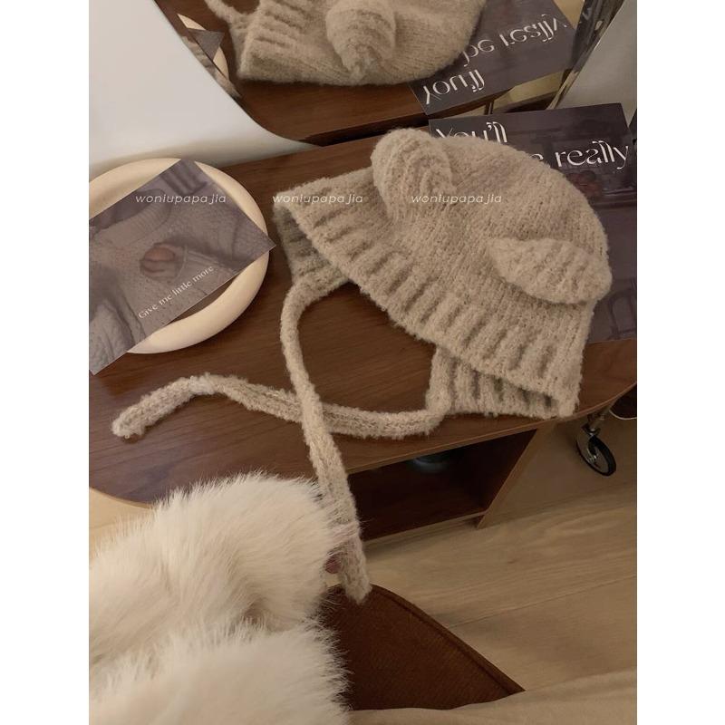

Rope Cute Bear Ear Plush Hat for Women s Winter Warm Ear Protection Hat Knitted Wool Hat average size