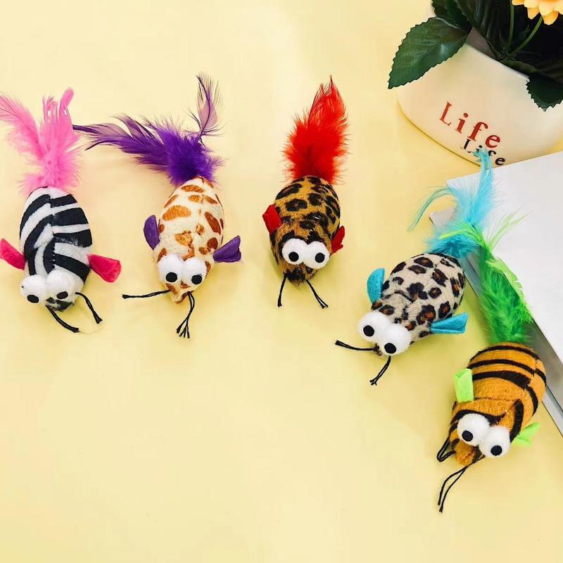 5pcs Simulation Colored Striped Feather Tail Cat Toy, Big Eyed Mouse Plush Mouse, Pet Interactive Toy,Gift, Pet Supplies