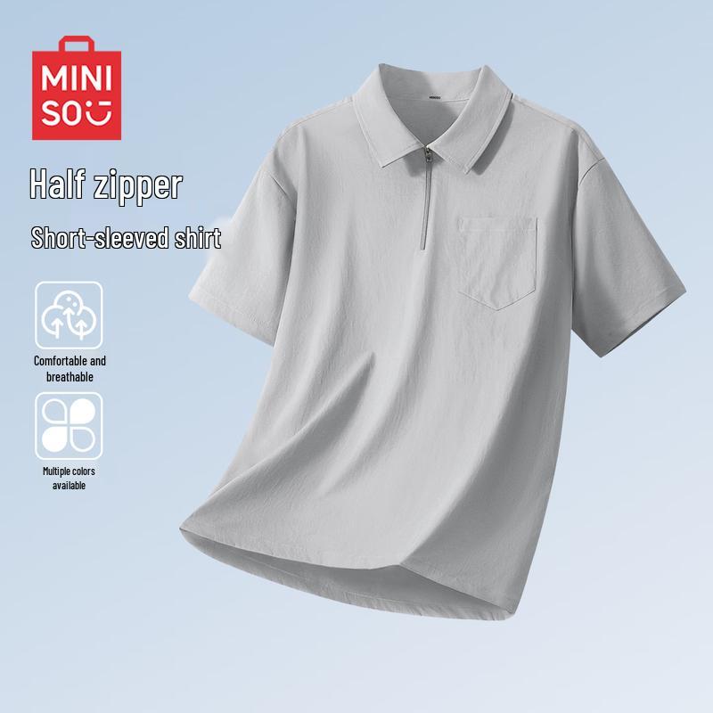 MINISO Men s Casual Half-Zip Lapel Short-Sleeve Shirt 3XL