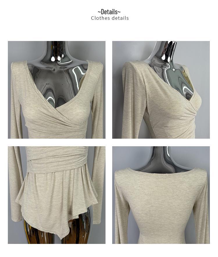 Korean Dongdaemun Style Sexy V-neck Long Sleeve Pleated Waist-cinching Slimming T-shirt for Women