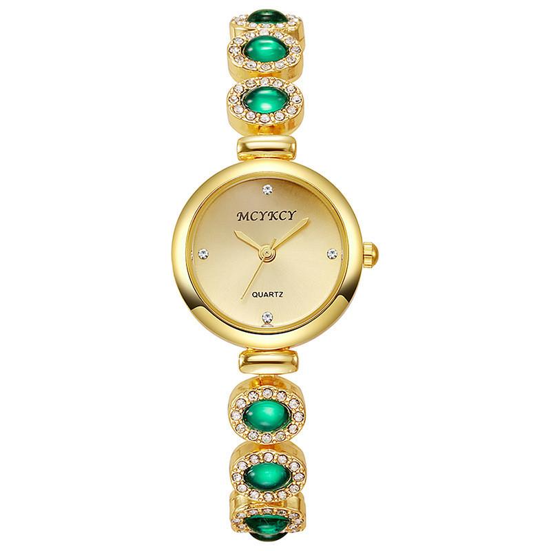 Mcykcy Gold Alloy Watch With Gemstone Dial For Women Elegant Quartz Timepiece