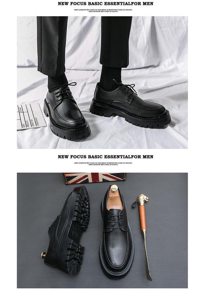 2025 Men's Chunky Glossy Leather Lace-up Casual Shoes with Thick Sole & Square Heel