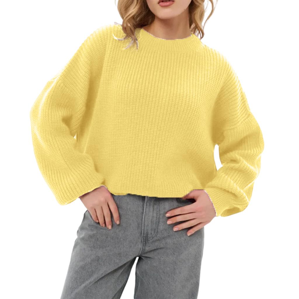 Women's Loose Solid Color Short Round Neck Pullover Long Sleeve Knit