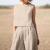 2023 Plus Size Women's Retro Chinese Style Cotton Linen Pants Set - Casual Loose Long Sleeve Solid Color