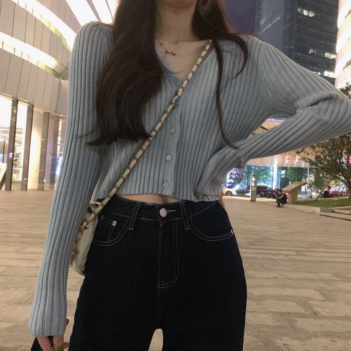 Autumn/Spring Korean Style Slimming V-Neck Ribbed Knit Cardigan Long Sleeve Top for Women Students
