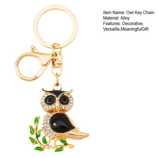 Owl-Shaped Keychain with Enamel Accents Sparkling Rhinestone Car Key Ring for Women Wisdom Symbol Pendant for Bags Keys