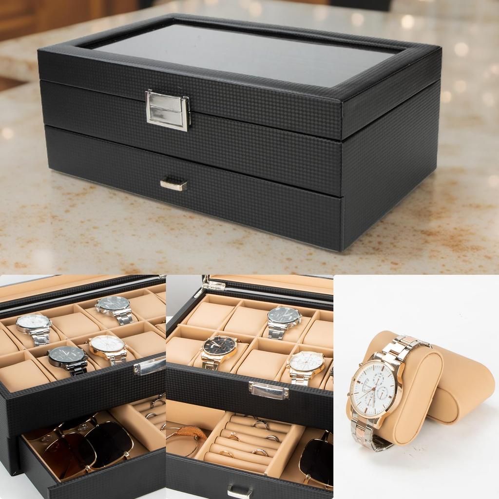 Boîte de Montre de Luxe Calife avec Verre Boîte de Rangement pour Montres et Bijoux pour et Panneau 2 Couches en PU Fibre de Carbone Noire Kaki, Marron, Boîte, Accessoires, Montres,