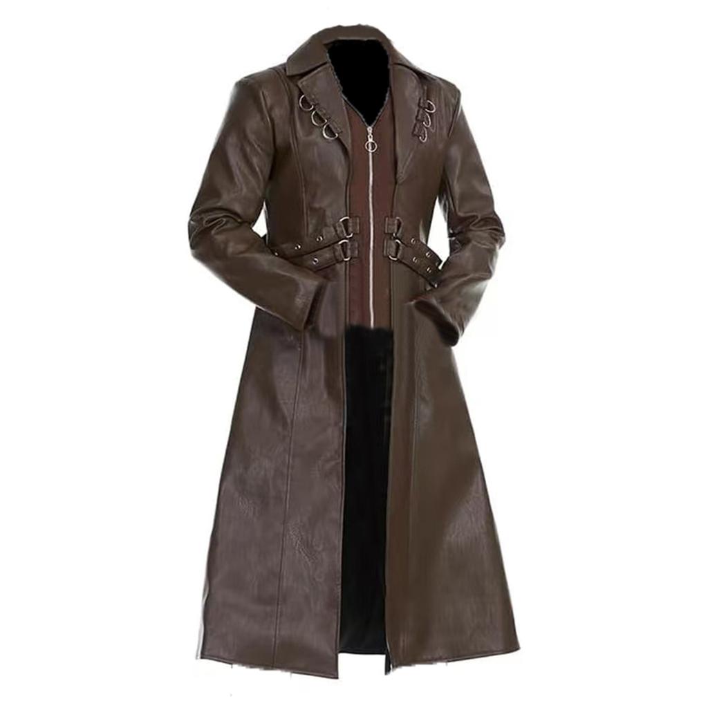 European and American medieval clothing medium and long PU leather trench coat retro role-playing leather jacket