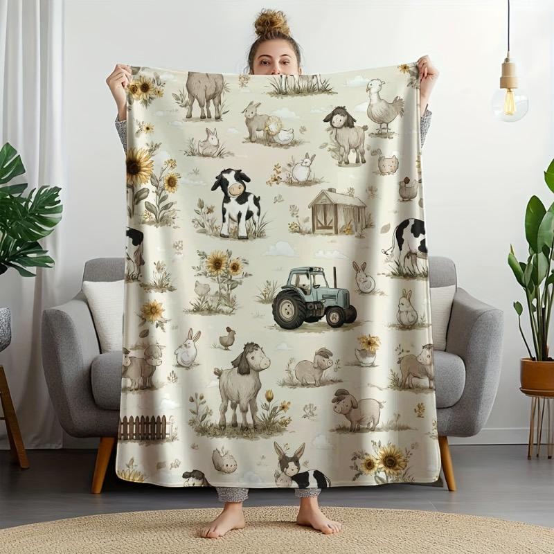 

1 classic warm farm adventure scene printed flannel blanket suitable for snuggling at home or going out comfortable blanket 75x100cm