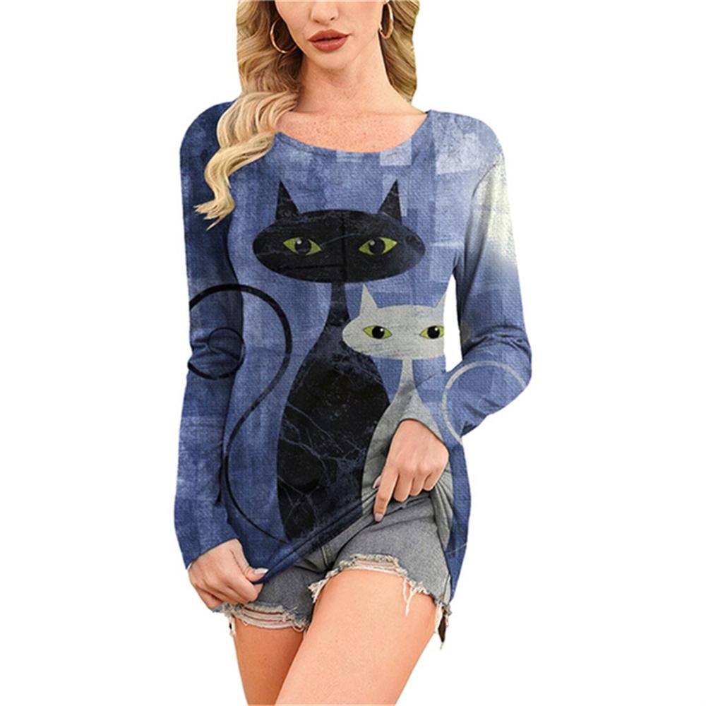 Модная удобная универсальная женская футболка с принтом мультяшного кота с круглым вырезом — фото 3