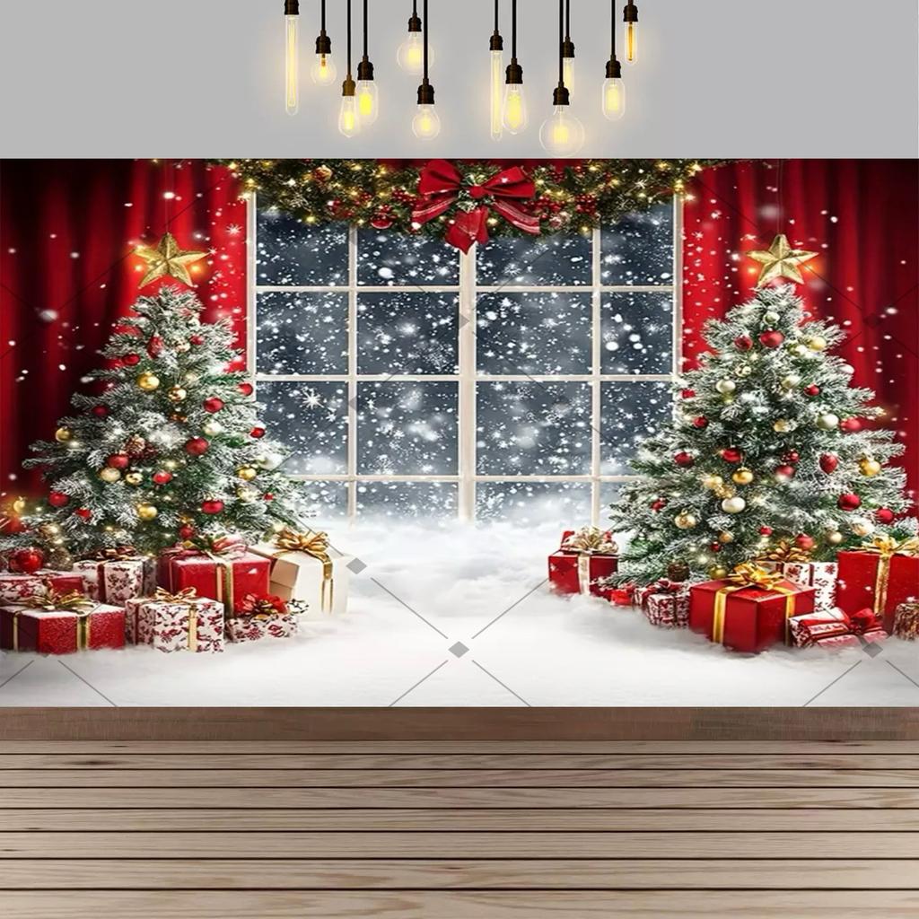 Christmas Red Curtain Decoration Backdrop Winter Snow Scenery Fireplace Santa Claus Photography Backdrop Holiday Party Supplies