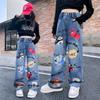 Girls' Cartoon Jeans - Spring/Autumn, Korean Style Loose Fit, Wide-Leg Trousers for Kids