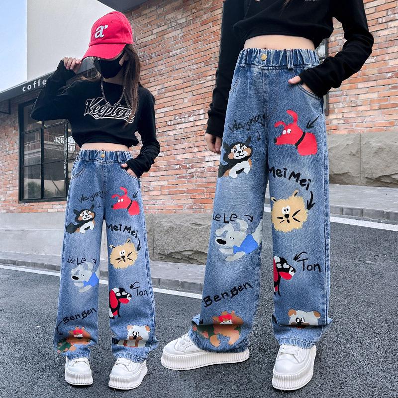 Girls' Cartoon Jeans - Spring/Autumn, Korean Style Loose Fit, Wide-Leg Trousers for Kids