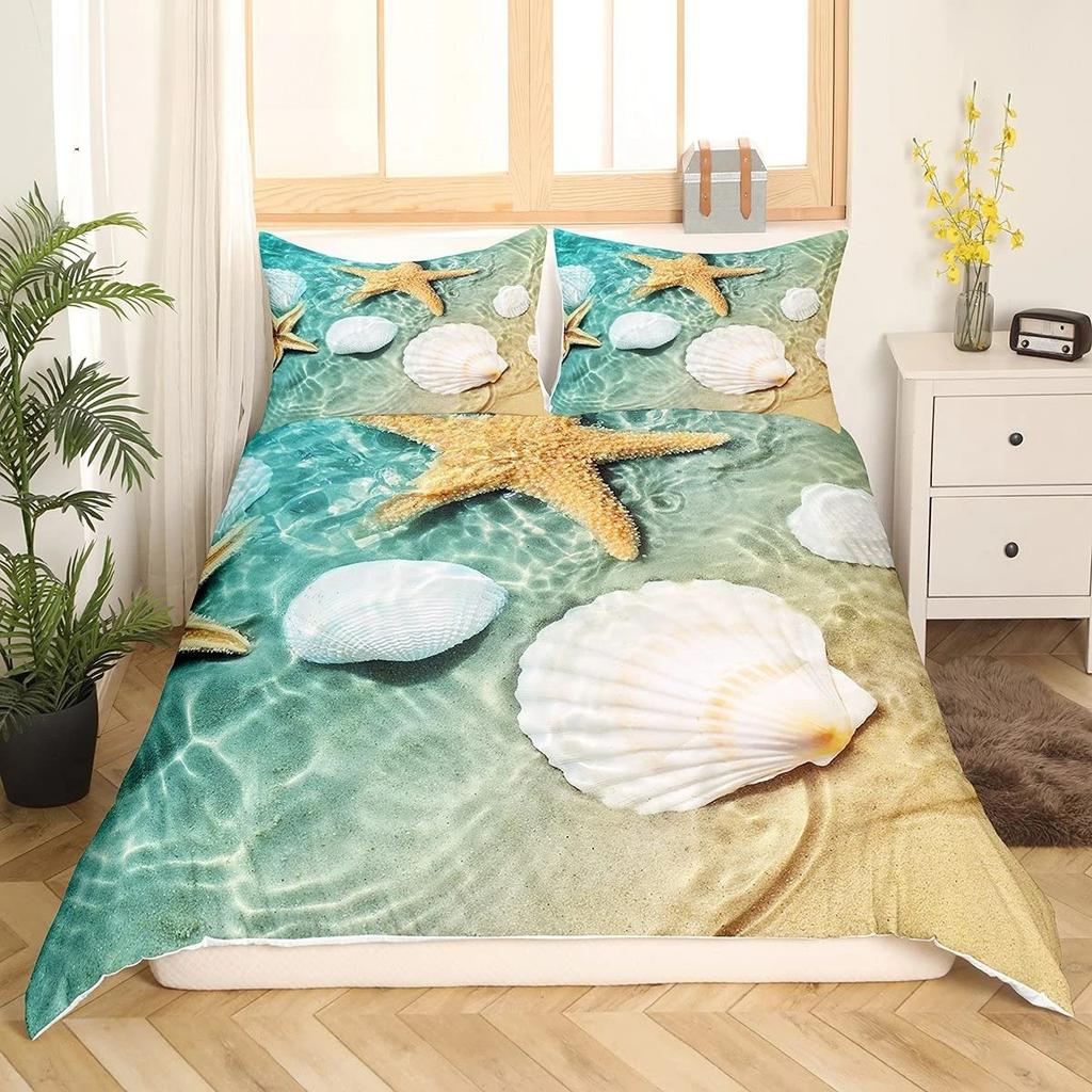 Summer Beach Duvet Cover Set Queen Ocean Bedding Set Hawaiian Palm Trees Marine Life Sea Waves Fish Printed Comforter Cover Set